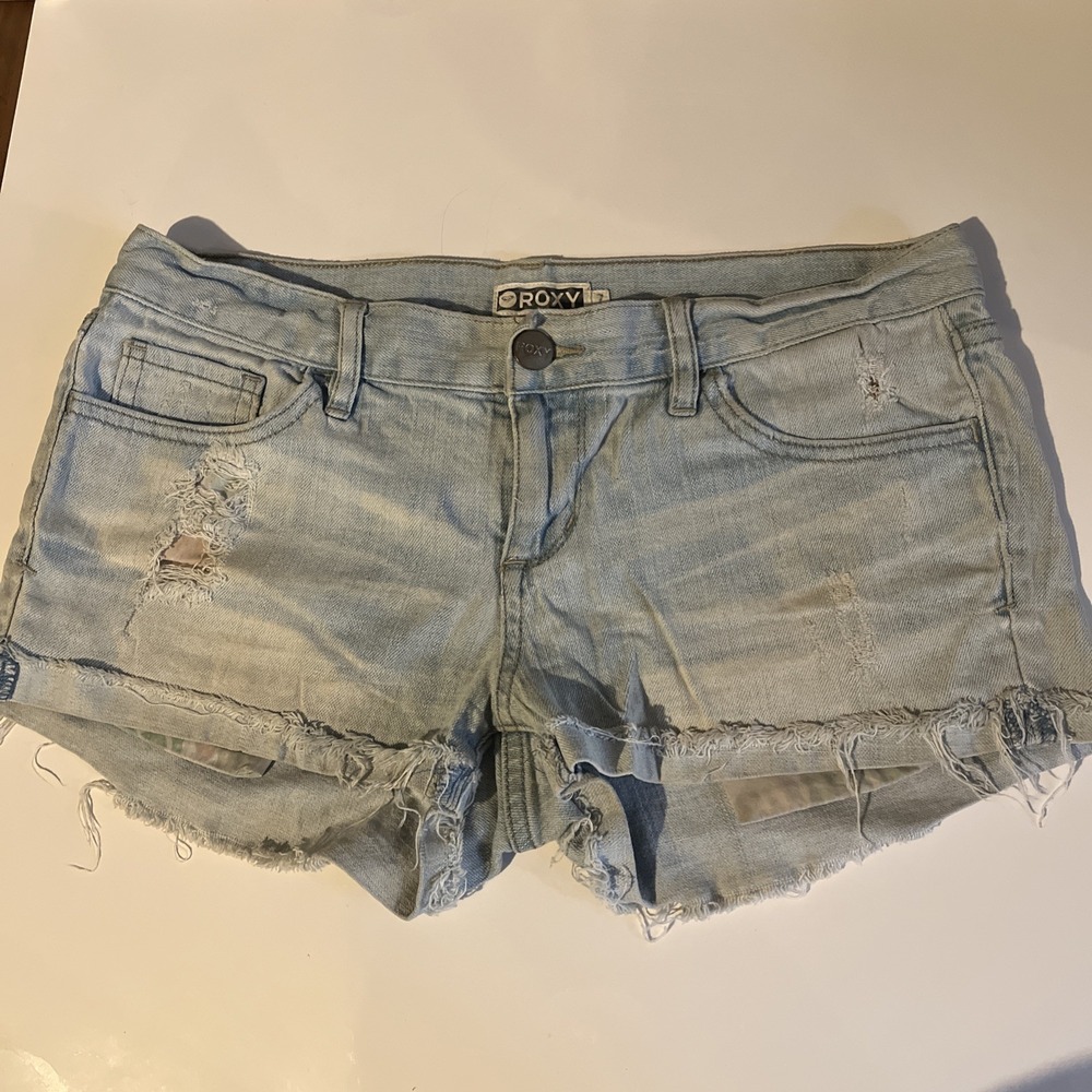 Roxy Shortie Shorts Womens 7 Blue Distressed Denim Jean Light Wash Frayed CutOff